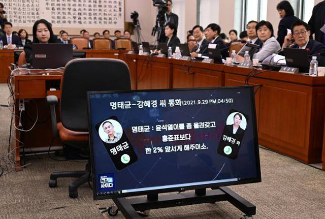 서영교 더불어민주당 의원이 15일 국회 법사위의 감사원에 대한 국정감사에서 명태균 씨와 김영선 전 의원의 회계책임자 강혜경 씨 와의 통화내역을 공개하며 질의하고 있다. 고영권 기자