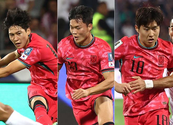 2026 FIFA 북중미 월드컵 아시아 3차 예선 이라크전 출전을 준비 중인 배준호(왼쪽부터)-오현규-이강인. 연합뉴스