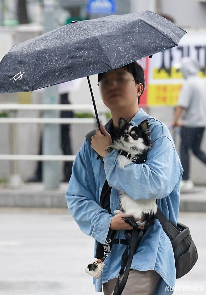 서울 대부분 지역에서 오전 한때 비가 내린 15일 서울 구로구 가산디지털단지역 근처에서 한 시민이 우산을 들고 이동하고 있다.