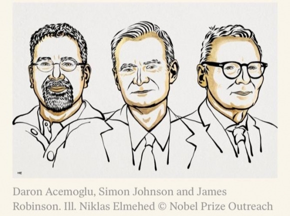 올해 노벨 경제학상의 영예는 국가 간 불평등 연구에 기여한 다론 아제모을루(57), 사이먼 존슨(61), 제임스 A. 로빈슨(64) 등 3인에게 돌아갔다. 2024.10.14 노벨위원회 홈페이지 캡처