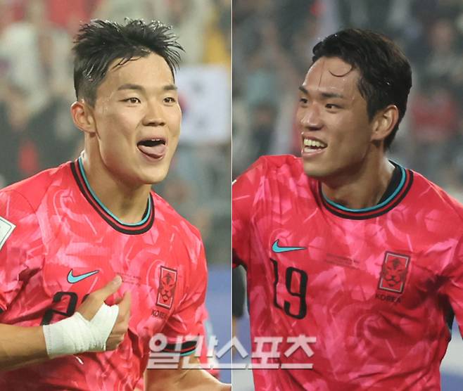 홍명보 감독이 이끄는 한국 축구대표팀이 15일 오후 용인미르스타디움에서  2026 북중미 월드컵 아시아지역 3차예선 이라크와 경기를 펼쳤다. 골을 터뜨린 오현규(왼쪽)와 오세훈. 용인=정시종 기자 capa@edaily.co.kr /2024.10.15.\