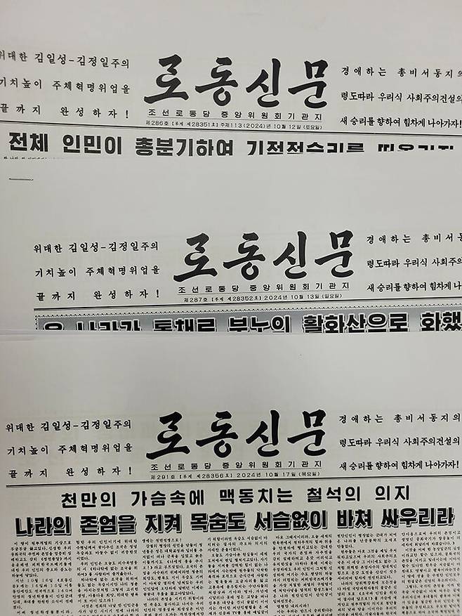 노동신믄 1면 발행 날짜와 호수를 적던 곳에 ‘주체113년’이라는 표기가 10월 12일자에는 적혀있지만, 10월 13일자부터는 사라진 모습.