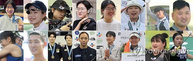 제105회 전국체전 출전한 스포츠 스타·기대주 (김해=연합뉴스) 김동찬 이대호 김동민 설하은 김성민 기자 = 2024 파리 하계올림픽을 빛낸 선수단과 대한민국 스포츠 기대주가 지난 11일부터 17일까지 경남 김해시와 경남 전역에서 펼쳐진 '제105회 전국체육대회(전국체전)'에 대거 출전해 눈길을 끌었다.
    첫 번째 줄 왼쪽부터 허미미(유도), 김예지·반효진·양지인·오예진(사격), 임시현·김제덕·김우진(양궁). 
    두 번째 줄 왼쪽부터 오연지·임애지(복싱), 우상혁(육상), 황선우·김우민·김서영(수영), 전웅태·성승민(근대5종), 박혜정(역도), 안세영(배드민턴). 
    이 밖에 오상욱(펜싱), 김유진(태권도), 신솔이(체조)도 큰 관심을 받았다. 2024.10.17 image@yna.co.kr