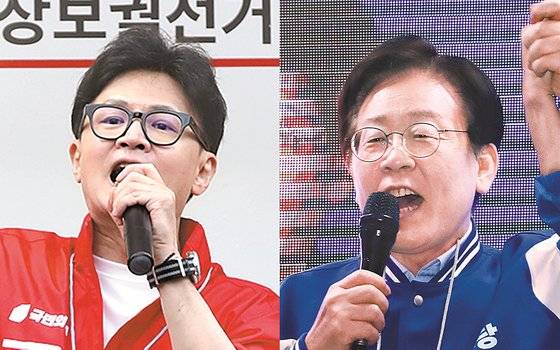 한동훈 국민의힘 대표가 지난 5일 오후 부산 금정구 이마트 금정점 앞에서 윤일현 금정구청장 후보 지원유세를 하고 있다.(왼쪽 사진) 이재명 더불어민주당 대표가 지난 3일 오후 부산 금정구 부산대역 앞에서 김경지 금정구청장 후보 지원유세를 하고 있다. 사진 뉴스1