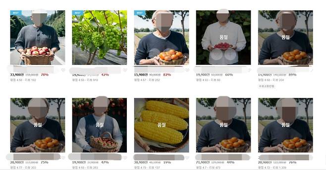 네이버 쇼핑 A 스토어에 게재된 상품 사진들. 농부라고 소개된 인물 사진 대다수가 AI로 추정되고 있다. 현재 상품은 대부분 내려간 상태다. 네이버 스토어 캡처  