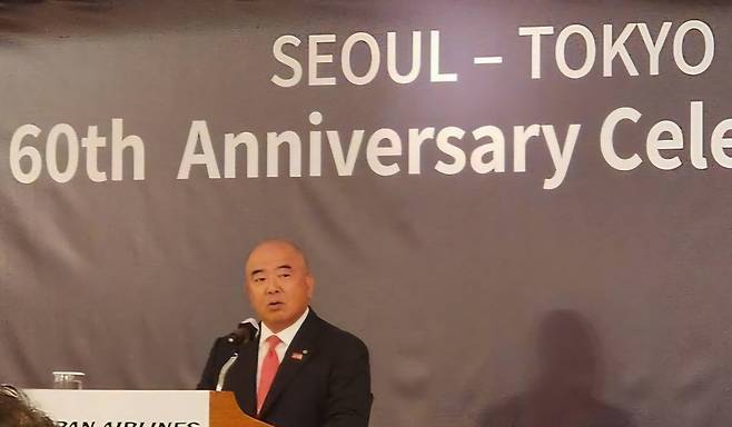 인사말하는 시미즈 신이치로 JAL 부회장 [연합]
