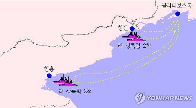 국정원 "북한군 러시아 파병 위한 병력 이동 시작" (서울=연합뉴스) 국가정보원은 북한이 지난 8일부터 러시아 파병을 위한 특수부대 병력 이동을 시작했다고 밝히며 위성 사진 등 관련 자료를 18일 공개했다. 
    국정원은 "북한군의 동향을 밀착 감시하던 중 지난 8일부터 13일까지 러시아 해군 수송함을 통해 북한 특수부대를 러시아 지역으로 수송하는 것을 포착, 북한군의 참전 개시를 확인했다"고 설명했다. 
    그래픽은 동해상 러시아 상륙함의 북한 병력 수송활동 요도. 2024.10.18 [국가정보원 제공. 재판매 및 DB 금지] photo@yna.co.kr