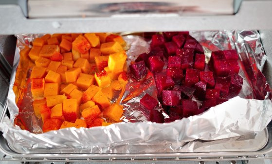 Butternut squash and beetroot cut in cubes. [KIM HYE-JOON]