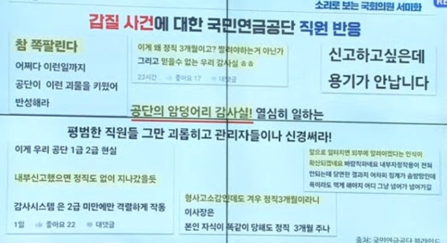 ▲서 의원은 또 "제보된 공단 직원들의 댓글을 보면 '감사실이 공단의 암덩어'라고 한다. 이보다 더 심한 말도 있다"고 주장했다. ⓒ유튜브 SBS뉴스 캡처