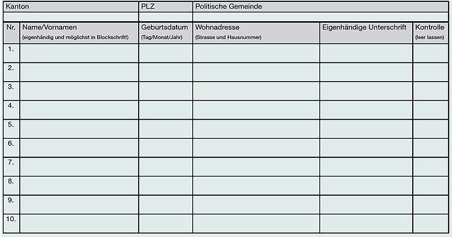 국민이 발의한 법안이 투표에 부쳐지려면 지지자들 10만명의 서명이 필요하다. 이름, 주소, 생년월일을 기입해야 하는 서명용지 샘플. ⓒ스위스 정부 웹사이트 제공