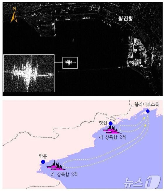 북한 병력 수송 목적 러시아 함정 활동(위·10월 12일), 동해상 러시아 상륙함의 북한 병력 수송활동 요도. /국정원 제공