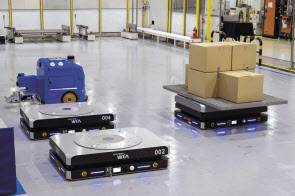 물건을 적재한 물류로봇(오른쪽)이 주변에 위치한 다른 로봇을 인식하고 이동하고 있다.[현대차·기아 제공]