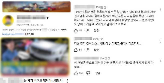 해당 영상을 비판하는 누리꾼 댓글. 유튜브 캡처