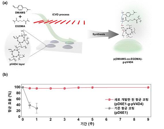 기상 고분자 증착 공정(iCVD)을 이용한 콘택트렌즈 코팅 과정을 나타낸 그림(a), 새로 개발한 항균 코팅과 기존 코팅의 항균 효율 지속성을 비교한 그래프로, 새로 개발한 코팅이 최대 9주까지 높은 항균력을 유지한다.(b)