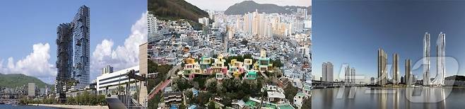 부산시 특별건축구역 활성화 시범사업 선정지. 사진 왼쪽부터 남포동 하버타운, 영도 콜렉티브 힐스, 남천2구역 재건축정비사업(부산시청 제공)