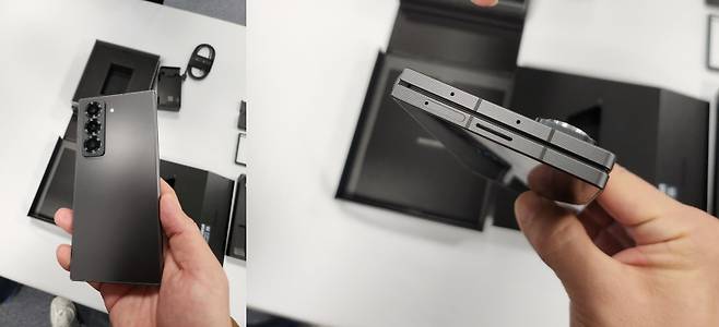 '갤럭시Z 폴드 스페셜 에디션' 후면(왼쪽)과 측면에 적용된 스트라이프 디자인. IS포토