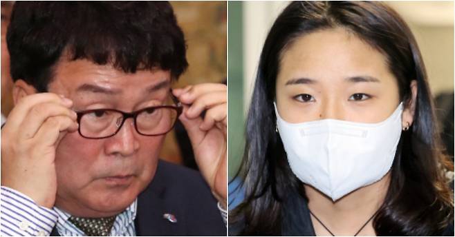 22일 오후 국회 문화체육관광위원회 국정감사에 증인으로 출석한 김택규 대한배드민턴협회장(왼쪽)과 안세영. 뉴스1