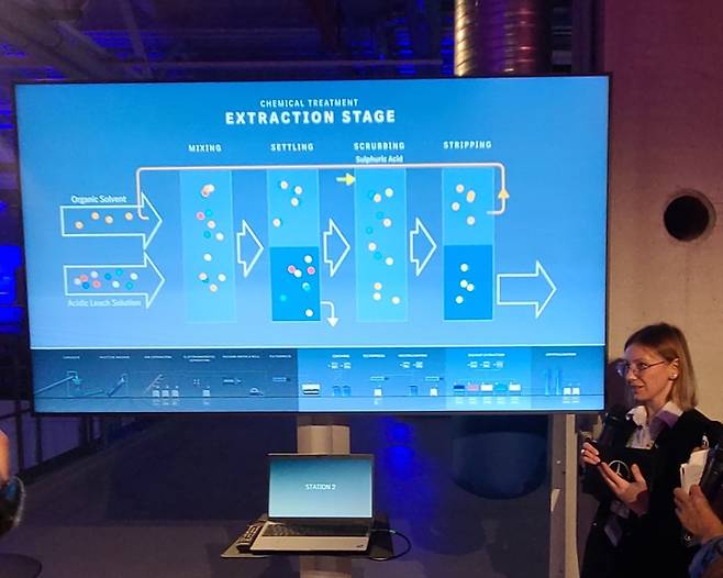 메르세데스 벤츠 배터리재활용 공장 직원이 공장에서 쓰이는 습식 추출 시스템 로직을 설명하고 있다. 사진 | 손재철기자