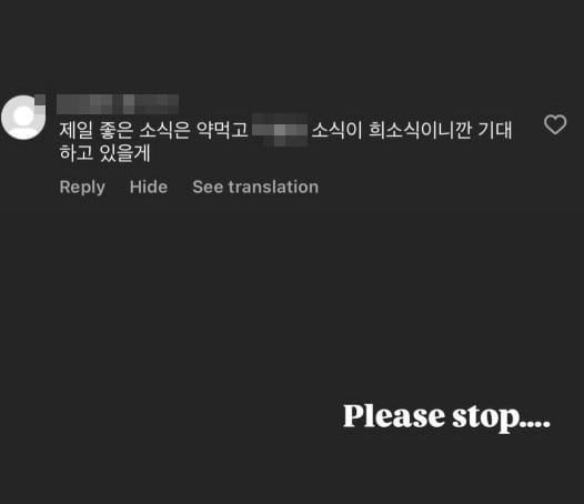 제시가 인스타그램스토리에 악플을 캡처해 올리며 “Please stop”(제발 멈춰달라)이라고 적었다. / 인스타그램