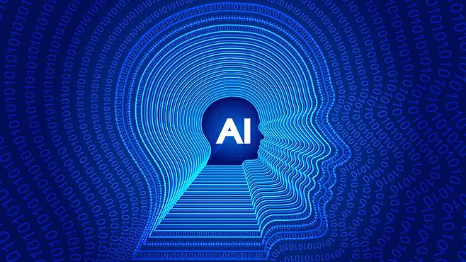 AI artificial intelligence, 01 figures constitute the human head contour. Science and technology and engineering concepts.