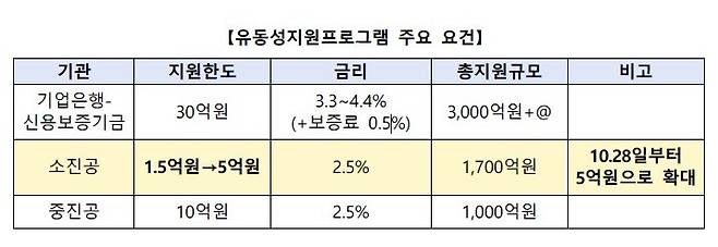 유동성지원 프로그램 주요 요건. 금융위원회 제공