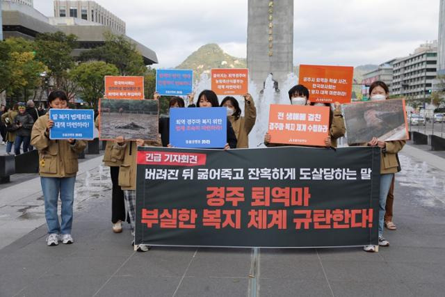 15개 시민단체로 구성된 말 복지 수립 범국민대책위원회 활동가들이 23일 서울 종로구 이순신장군 동상 앞에서 기자회견을 열고 퇴역 경주마의 학대 방지 대책 마련을 요구하는 내용의 손팻말을 들고 있다. 동물자유연대 제공