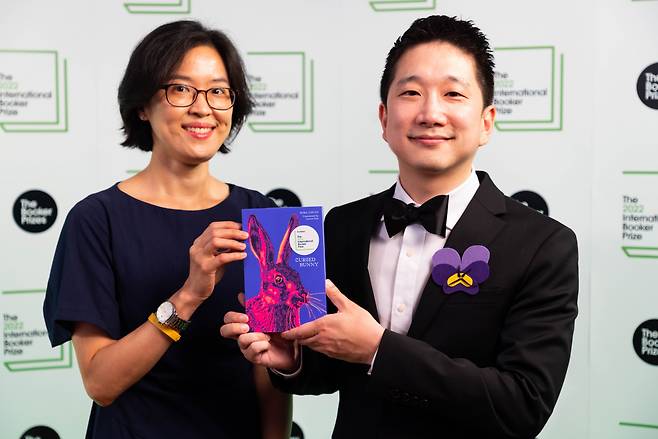 Bora Chung (left) and Anton Hur, who were shortlisted for the 2022 International Booker Prize for "Cursed Bunny," attend Shortlist Readings at Queen Elizabeth Hall, Southbank Centre, London, in May 2022. (International Booker Prize)