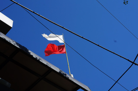 Red and white flags are displayed on top of a shaman's shindang in Seoul. Korean shamans' shrines are often indicated through flags hung outside their doors. While there are many different interpretations for the flags' colors, a white flag usually indicates that the shaman is able to tell clients' fortune, while the red flag says the shaman can also perform gut. [KIM JU-YEON]