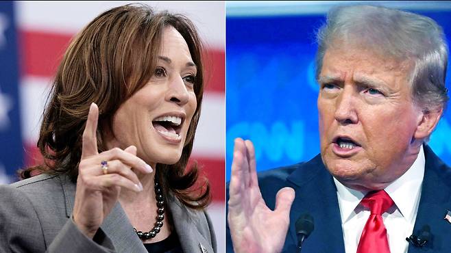 Left: U.S. Vice President and Democratic presidential candidate Kamala Harris speaks on March 26 in Raleigh, North Carolina. Right: Former US President and Republican presidential candidate Donald Trump speaks in Atlanta, Georgia, on June 27. [AFP/YONHAP]