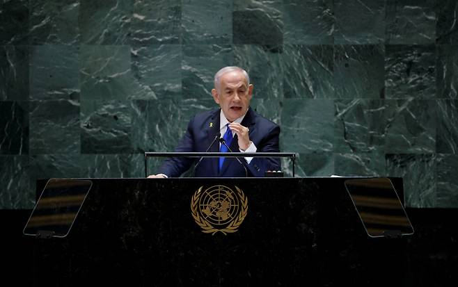 풍산의 81㎜ 박격포탄 레바논 수출 승인 신청과 관련해 이스라엘이 해당 수출건은 테러에 쓰일 수 있다는 입장을 밝혔다. 사진은 제79차 유엔 총회 고위급 토론회에 참석한 벤자민 네타냐후 이스라엘 총리의 모습. /사진=로이터통신