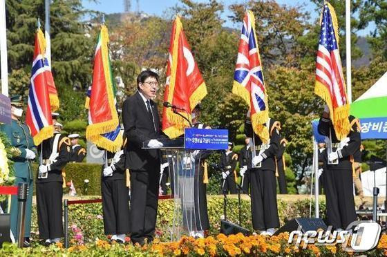 2022년 유엔의날 기념식 현장에서 박형준 부산시장이 인사말을 하고 있다(부산시청 제공)