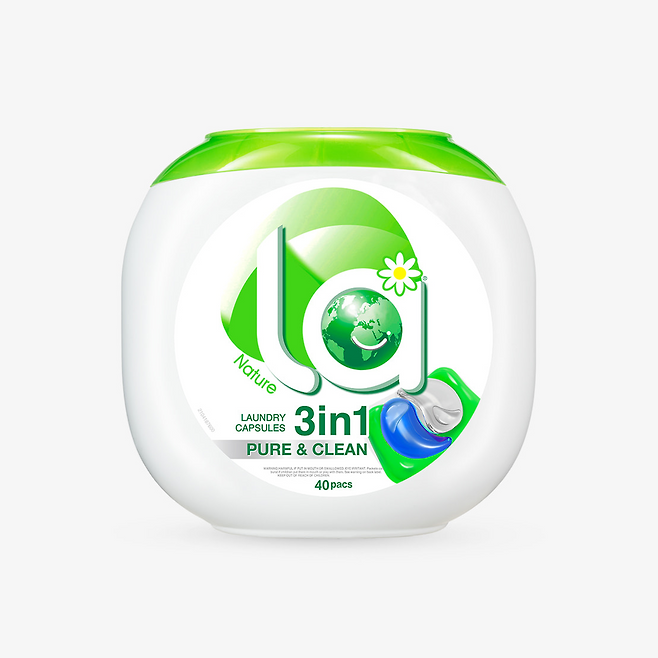 엘에이 미니 캡슐 세제 퓨어 앤 클린: 탈취, 단백질 오염 분해 우수한 4챔버 캡슐, 그린 플로럴 머스크 향, 약알칼리성 3~5kg용 40개입 1만6천9백원.