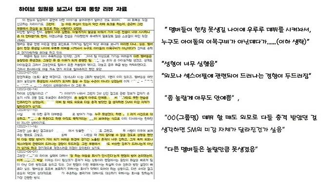 민형배 의원이 국정감사에서 공개한 하이브 내부 문건 중 일부