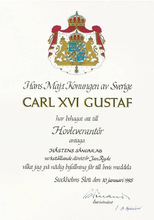 스웨덴 왕실의 침대 납품업체임을 증명하는 인증서. [사진 해스텐스]