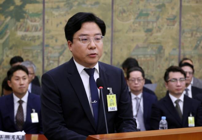 Belift Lab CEO and Hybe COO Kim Tae-ho speaks during the comprehensive audit of public institutions under the Ministry of Culture, Sports and Tourism, held at the National Assembly in Yeouido, Seoul, Thursday. (Newsis)