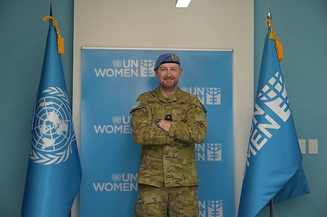 Cmdr. Tyson Nicholas poses at the UN Women's representative office in Jongno-gu, Seoul. (UN Women)