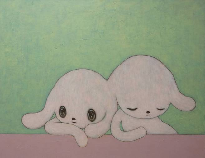 마이코 코바야시, Dear Humanity, 캔버스에 아크릴, 색연필, 일본 화지, 91×116.7 cm, 2024