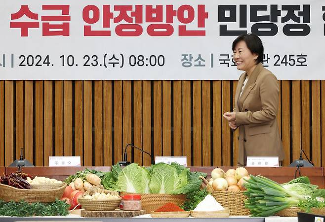 지난 23일 서울 국회에서 김장재료 수급 안정 민당정 협의회에 참석하는 송미령 농식품부 장관(사진=연합뉴스)