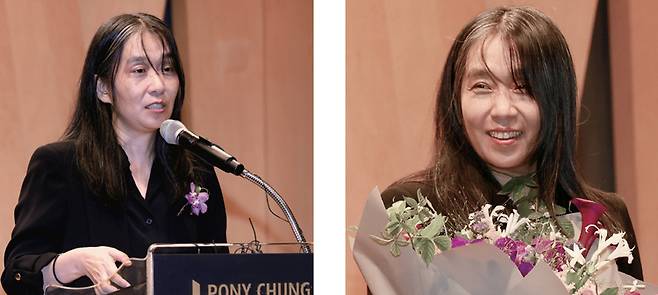 포니정재단은 9월 19일 제18회 ‘포니정 혁신상’ 수상자로 한강 작가를 선정했다. 한강 작가는 10월 17일 포니정 혁신상 시상식에서 “나는 내가 쓰는 글을 통해 세상과 연결되는 사람이니까 지금까지 그래 왔던 것처럼 계속 써가면서 책 속에서 독자들을 만나고 싶은 마음이다”라고 소감을 밝혔다. /연합뉴스