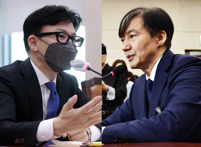 한동훈(왼쪽 사진) 국민의힘 대표와 조국 조국혁신당 대표가 각각 법무부 장관 후보자 시절 국회 인사청문회에 참석한 모습. 뉴시스·한국일보 자료사진