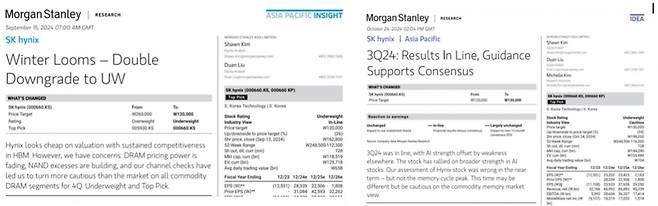 모건스탠리의 SK하이닉스 분석보고서 9월 14일자와 10월 24일자 표지.
