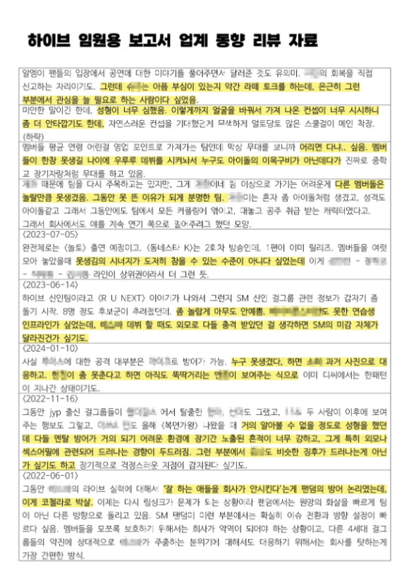 아이돌의 외모를 평가하는 등 논란을 일으킬 만한 내용이 담긴 하이브의 내부 보고서가 공개되면서 큰 파문이 일고 있다. [사진=X 캡처]