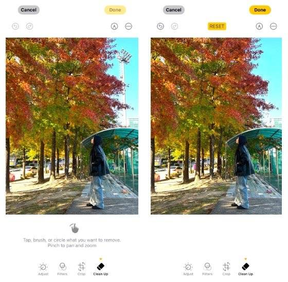 아이폰 사진첩에 있는 클린업 기능으로 사진 우측에 있는 운동장 조명을 지워봤다. 사진 아이폰 캡처