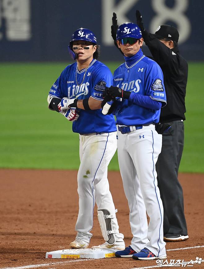 28일 오후 광주기아챔피언스필드에서 열린 '2024 신한 SOL Bank KBO 한국시리즈' 삼성 라이온즈와 KIA 타이거즈의 5차전 경기, 3회초 1사 삼성 류지혁이 안타를 때려내고 있다. 광주, 박지영 기자