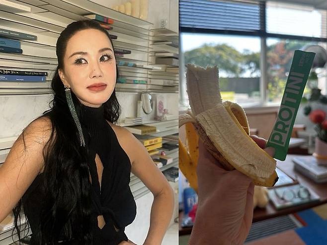 가수 겸 배우 엄정화(55)가 바나나와 단백질 정제를 챙겨 먹는 모습을 공개했다./사진=엄정화 인스타그램 캡처