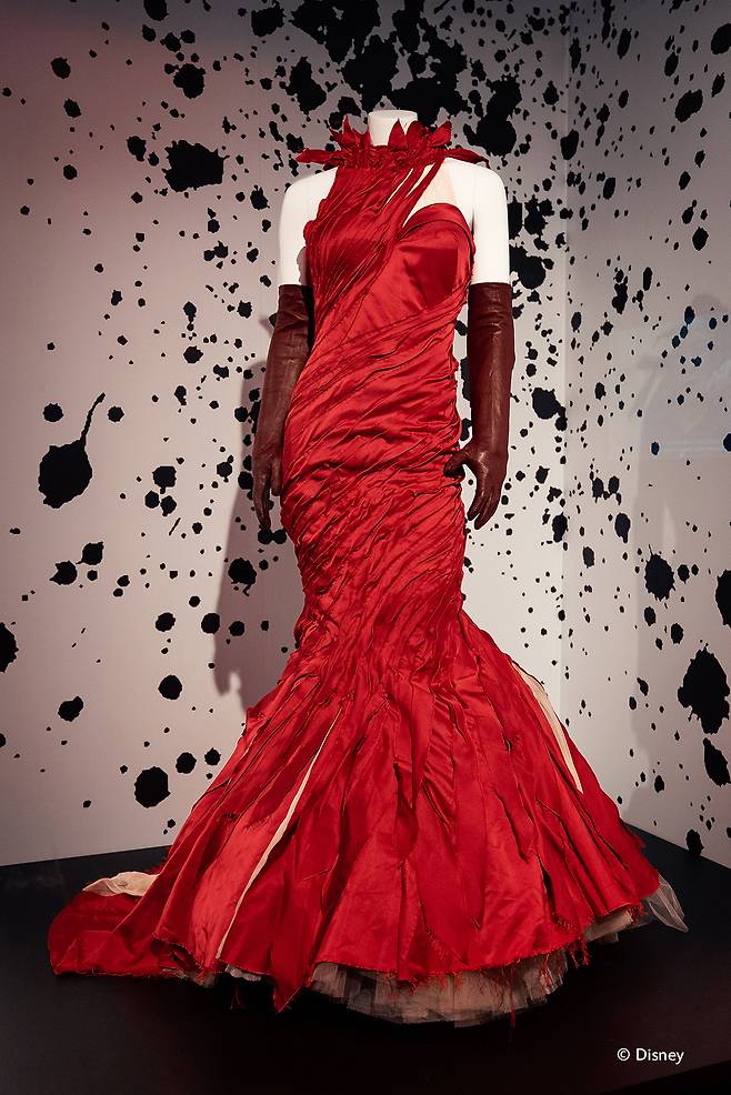 The red dress worn by American actor Emma Stone for “Cruella” (2021) [EXHIBITION HUB KOREA]