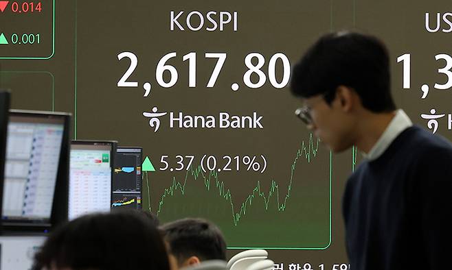 29일 서울 중구 하나은행 딜링룸 전광판에 지수가 표시되고 있다. 뉴시스