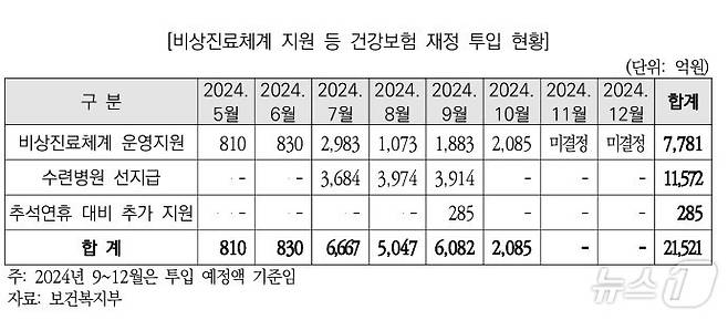 비상진료체계 지원 등 건강보험 재정 투입 현황/보건복지부 자료