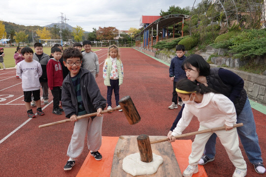 남양초등학교(교장 이은계)전교생이 지난 5월 학교 내 화분에 직접 모내기 친환경으로 기른 벼를 고사리 손으로 수확해 탈곡하고 나온 쌀로 떡메치기 체험에 참여했다.남양초 제공