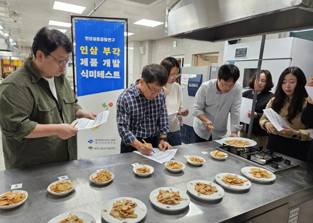 30일 영주시농업기술센터 식품교육장에서 인삼부각 제품 식미 테스트를 진행하고 있다. 영주시 제공